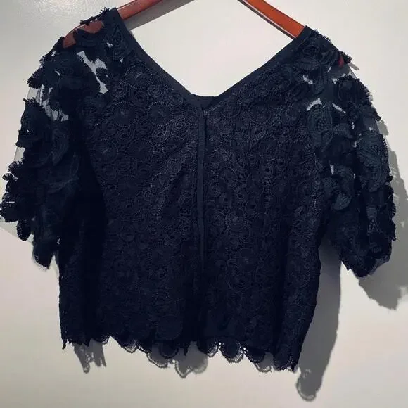 Black Lace Crochet 3/4 Sleeve Top Large Designer Comme made in USA - Picture 4 of 6